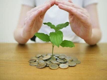 Plant taking root in a pile of coins shielded by hands illustration